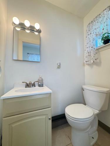 a bathroom with a toilet and a sink and a mirror at Providence & 18th in Chester