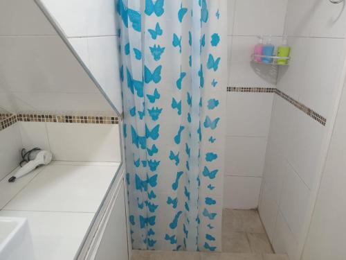 a shower curtain with blue butterflies on it in a bathroom at Hotel Lincoln Rooms in Lincoln