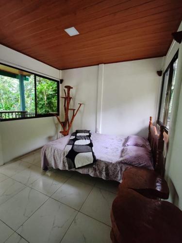 a bedroom with a bed in a room with windows at Cabinas Toucan in Chachagua