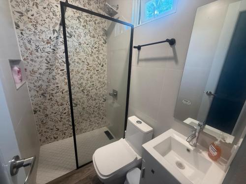 a bathroom with a shower and a toilet and a sink at Monterosso By Cinque Terre in Isabela