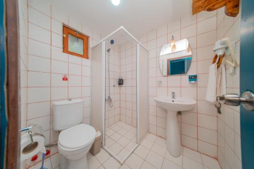 a bathroom with a toilet a sink and a shower at Forest Garden in Goynuk