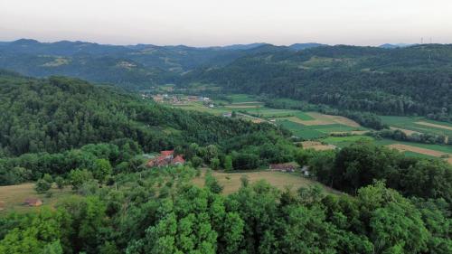 an aerial view of a valley with trees and houses at Dragačevska kuća na bregu- Heritage House in Viča