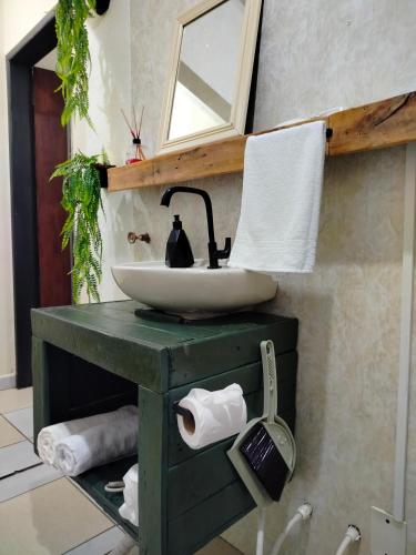 a bathroom with a sink on a green counter at Pernoitar in São José