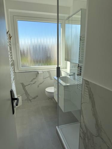 a bathroom with a window and a toilet and a sink at ZV38-Mammut-30 in Salzgitter
