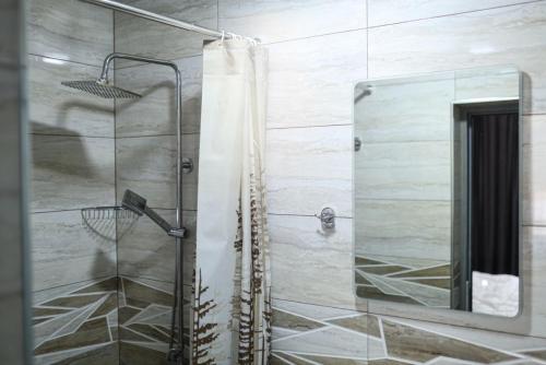 a bathroom with a shower with a glass door at Creative hotel in Gyumri
