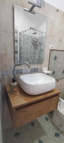ein Badezimmer mit einem großen weißen Waschbecken und einem Spiegel in der Unterkunft Casa Eman in Barrea