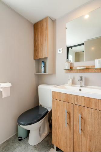 a bathroom with a toilet with a sink and a mirror at Le petit paradis du golfe in Gassin