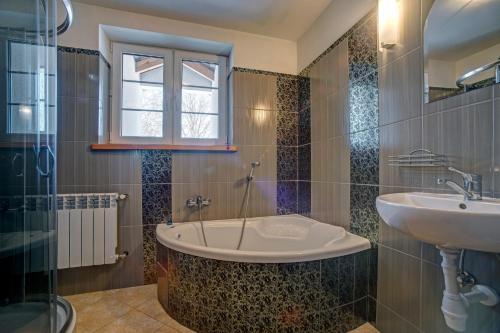 a bathroom with a bath tub and a sink at Noclegi Dwór Szlachecki Biedaczów in Biedaczów