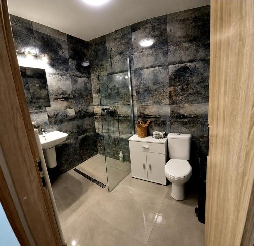 a bathroom with a toilet and a shower and a sink at Station rooms Trenčín in Trenčín