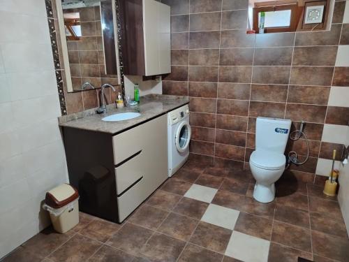 a bathroom with a toilet and a washing machine at Mashtots B&B in Vanadzor