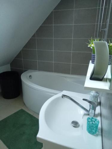 a bathroom with a sink and a bath tub at Chambre Ploeren in Ploeren