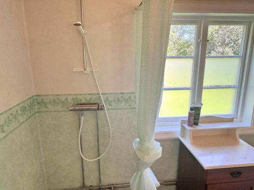 ein Badezimmer mit Dusche und Duschvorhang in der Unterkunft Hus Mida in Högsby