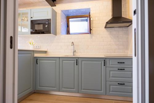 a kitchen with gray cabinets and a sink at Apartamentos San Roque in Arenas de Cabrales