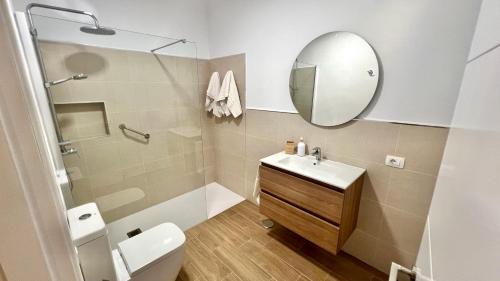 a bathroom with a toilet and a sink and a mirror at Finca La Romera in La Orotava
