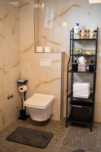 a bathroom with a toilet and a shelf with towels at Apartman NOA in Novska