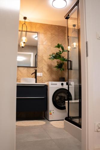 a bathroom with a washer and a washing machine at Forest House Augustów in Augustów