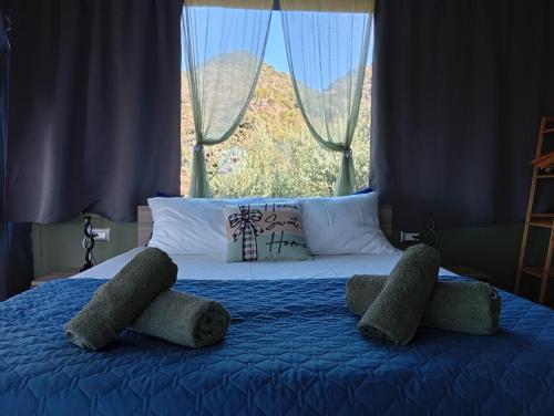 a bed with two pillows on it with a window at Drop of Heaven in Katokhórion