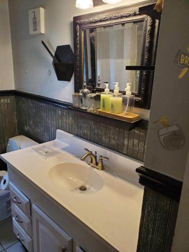 a bathroom with a sink and a mirror at Comfortable home in Mobile
