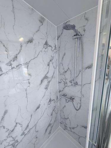 a bathroom with a white marble shower stall at Fantasy Lodge Sunnymede in Ingoldmells
