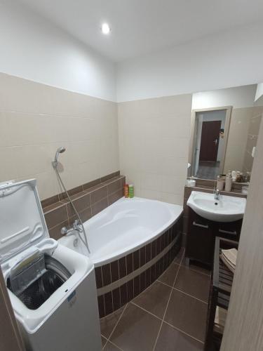 a bathroom with a bath tub and a sink at 1-room apartment in Nitra