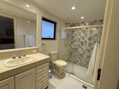 a bathroom with a sink and a toilet and a shower at Hotel York in Petrópolis