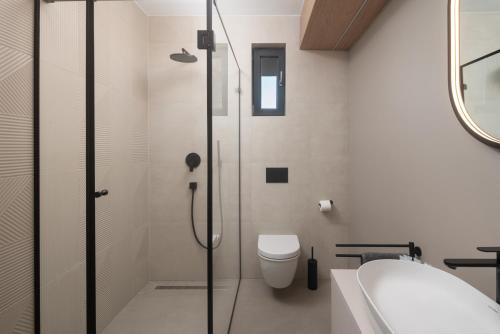 a bathroom with a shower and a toilet and a sink at Villa DaEva in Drage
