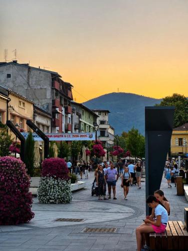 a group of people walking down a city street at BB Sima 1 in Bajina Bašta