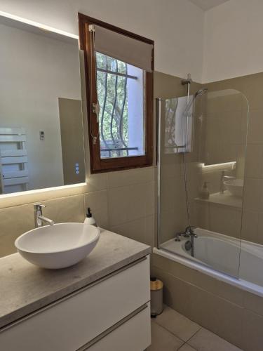 a bathroom with a sink and a tub and a mirror at Clos de Valamade in Cannes-et-Clairan
