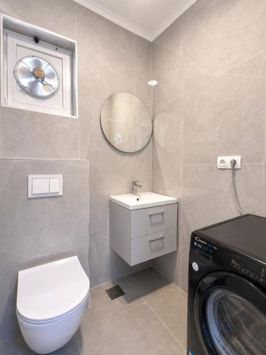 a bathroom with a toilet and a sink and a washing machine at Casa Mia in Višići