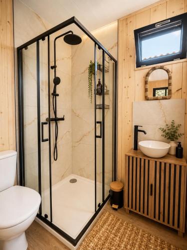 a bathroom with a shower and a toilet and a sink at Isabella in Figari