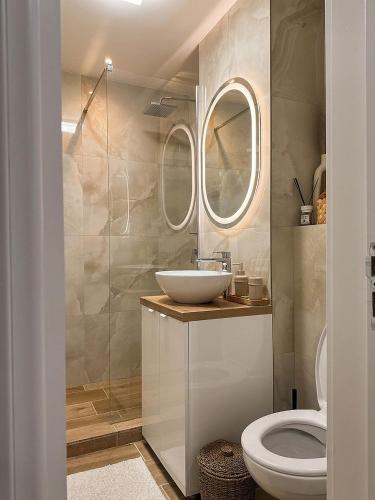 un baño con lavabo e inodoro en Apartament Theodora, en Curtea de Argeş