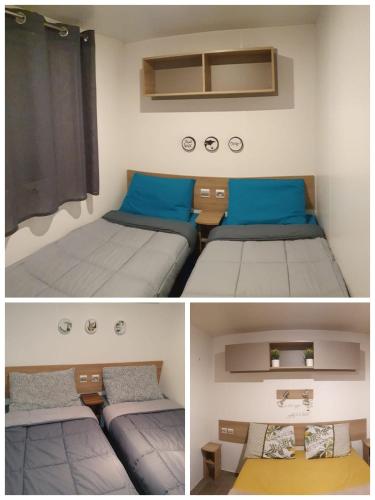 two pictures of a bedroom with two beds at Tiny house in Saint-Brévin-lʼOcéan