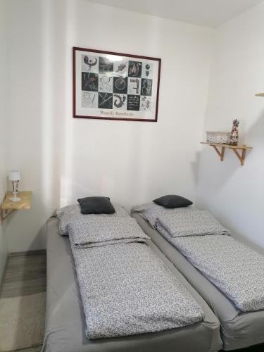 two beds in a room with a picture on the wall at Luna Vendégház in Ipolyvece