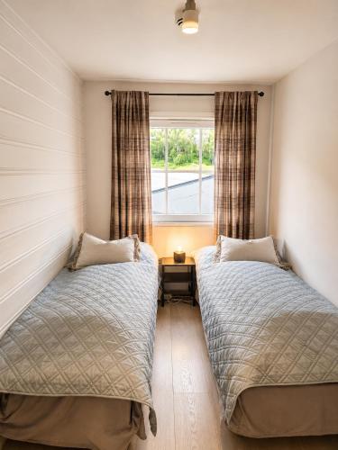 two beds in a room with a window at Tyinkrysset apartment in Tyinkrysset