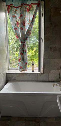 a bath tub in a bathroom with a window at Rails and Vines in Tsinandali