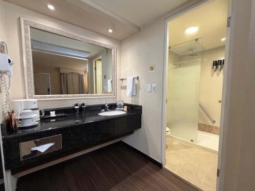 a bathroom with a sink and a mirror and a shower at Safi Royal Luxury Centro in Monterrey