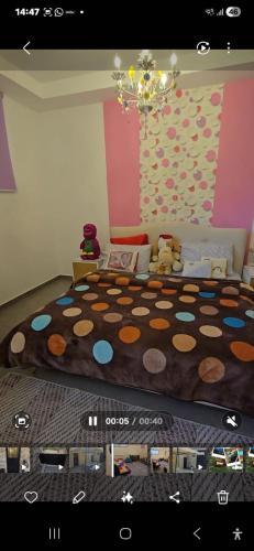 ein Schlafzimmer mit einem großen Bett mit Tupfen in der Unterkunft Eagles Nest Guesthouse- Rose Lily Suite 2 in Ḩaşrūn al Jadīdah