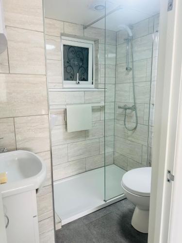 a bathroom with a shower and a toilet and a sink at Margate Summerhouse in Westgate-on-Sea