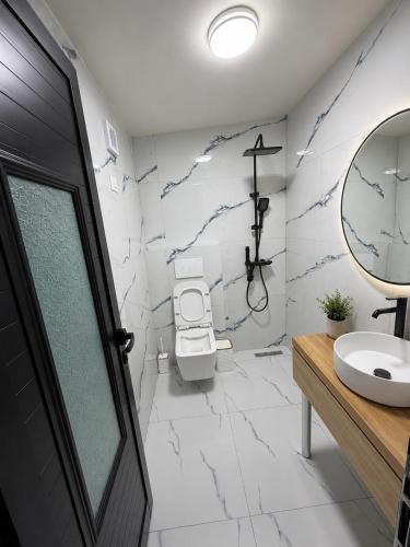 a bathroom with a toilet and a sink at Wooden Villa Eilin 2 in Tirana