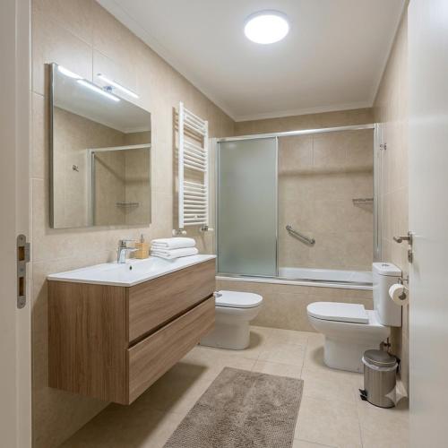 a bathroom with a sink and a toilet and a shower at 2 Bedrooms Apulia Front Beach Flat in Apúlia
