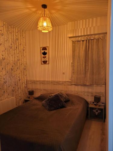 a bedroom with a bed and a chandelier at Tahiti Beach, T2 à la mer, piscine, terrasse et parking in Frontignan