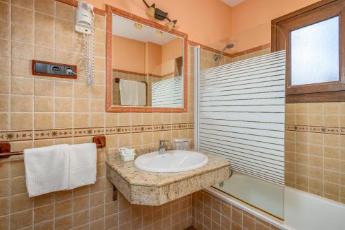 a bathroom with a sink and a mirror at Hotel Balcón de los Montes in Colmenar