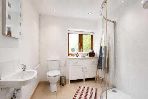 a bathroom with a toilet and a sink and a mirror at The Long Room in Bristol