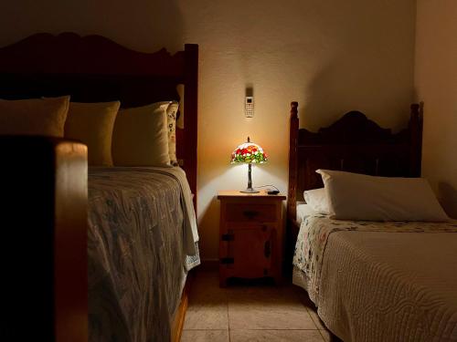 a bedroom with two beds and a lamp on a night stand at Pouso das Flores - Próximo a Maria Fumaça in Tiradentes