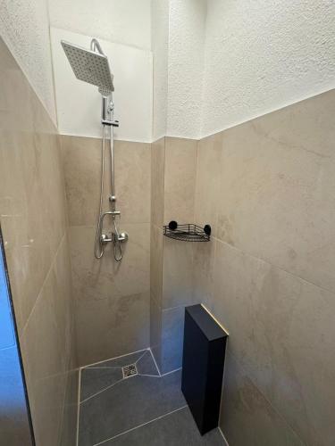 a shower with a shower head in a bathroom at City Apartment in Siegen