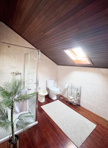 a bathroom with a glass shower and a toilet at Casa da presa in Ponte de Lima