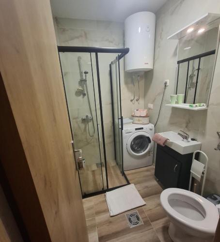 a bathroom with a shower and a toilet and a sink at Nido Apartman in Kotor