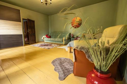 a living room with a couch and a vase with a plant at Pod lasem in Górowo Iławeckie