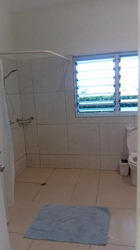 a bathroom with a shower and a toilet and a window at Sunview in Savusavu