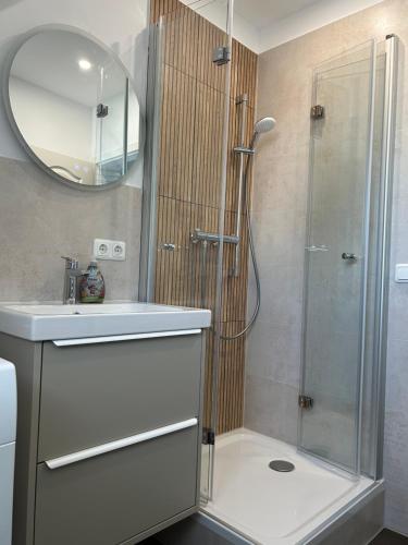 a bathroom with a shower and a sink and a mirror at Ferienwohnung am Uniklinik in Lübeck